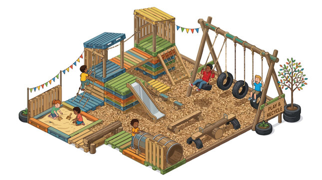 Colorful wooden play set with swings slides and sandpit for kids outdoor playground fun isolated on white background