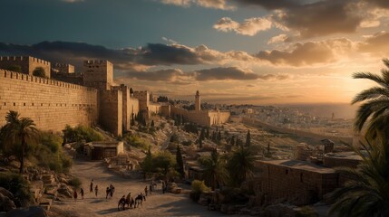 Obraz premium Jerusalem rests in peace behind restored walls as families walk its streets beneath golden sunset light, while the Temple stands as a beacon of hope, renewal, and God’s enduring faithfulness. 