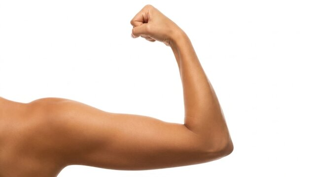 Close-up of a strong, muscular arm flexing biceps on a white background, symbolizing power, fitness, health, and personal achievement in a dynamic pose.