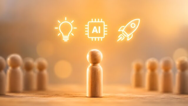 Artificial intelligence innovation and tech startup launch neon icons with wooden figure