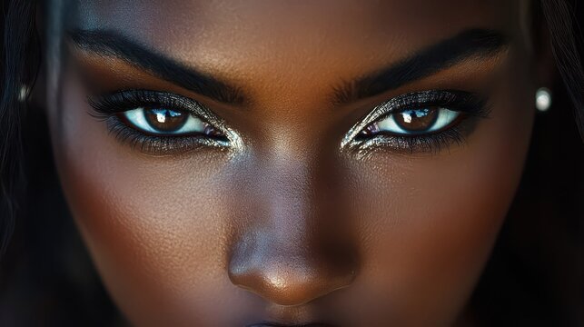 Close-up of a woman's face with dramatic glitter makeup and intense gaze