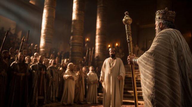 King Xerxes extends the golden scepter toward Esther before the royal court, honoring courageous faith that approaches authority with wisdom, humility, and purpose.
