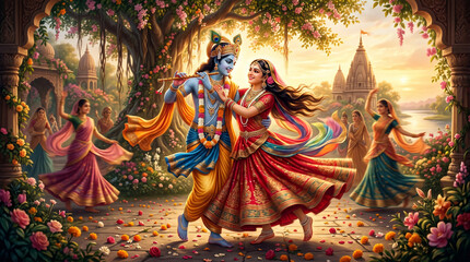 Fototapeta premium Divine couple radha krishna dancing in flowery garden near temple.