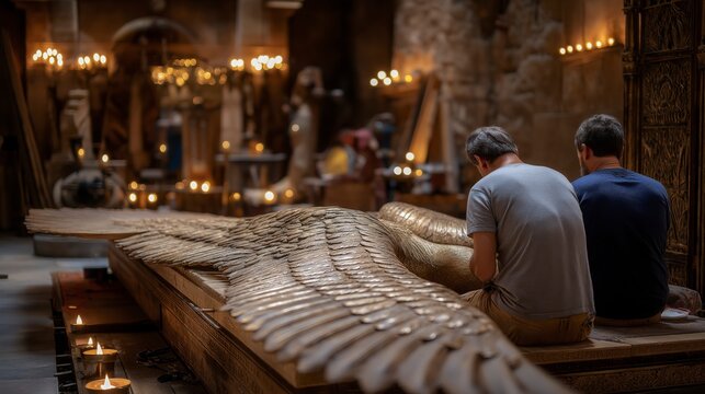 As the Temple is being prepared, skilled artisans carefully carve massive cherubim within the inner sanctuary, their outstretched wings symbolizing the holiness and majesty of God's dwelling place.
