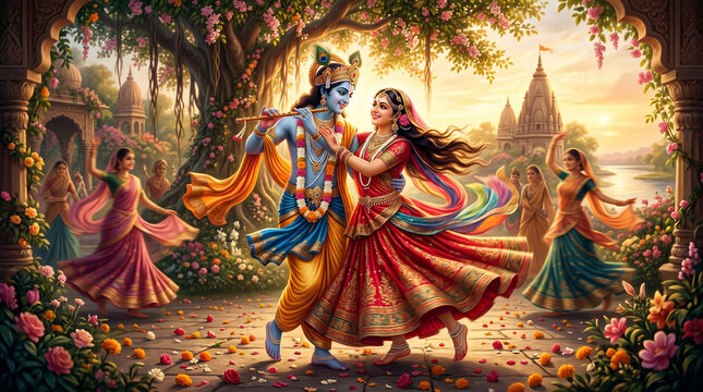 Divine couple radha krishna dancing in flowery garden near temple.