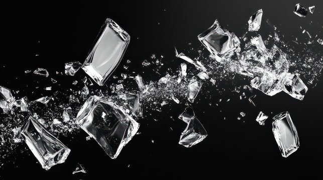 Shattered Glass Fragments Exploding and Flying Against a Dark Background