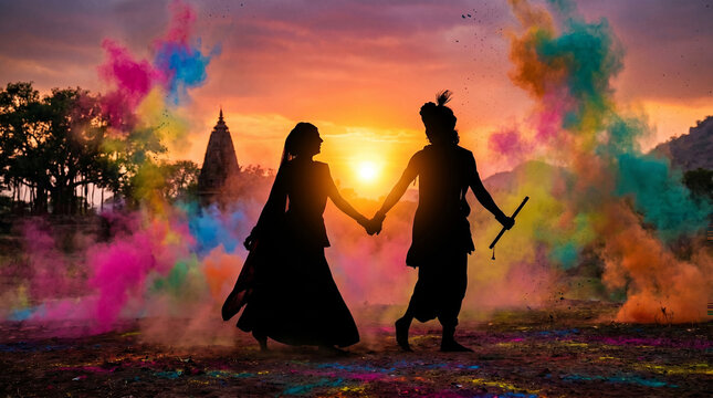 Radha and Krishna Playing Holi with Vibrant Colors During the Festival of Colors