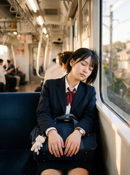 窓際に寄りかかり、夕暮れの電車内で居眠りする女子高生