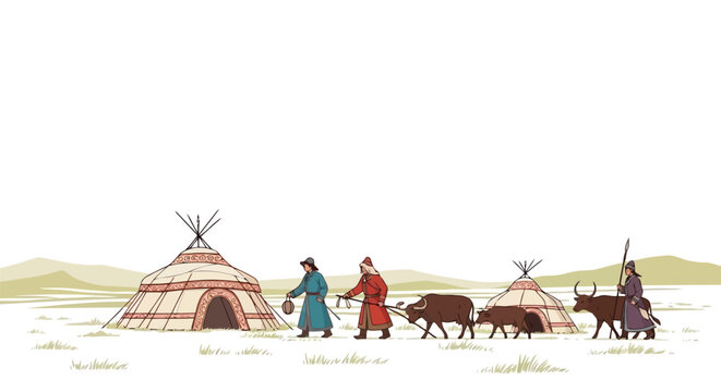 Traditional yurt dwelling with nomadic herders tending cattle in pastoral landscape isolated on white background