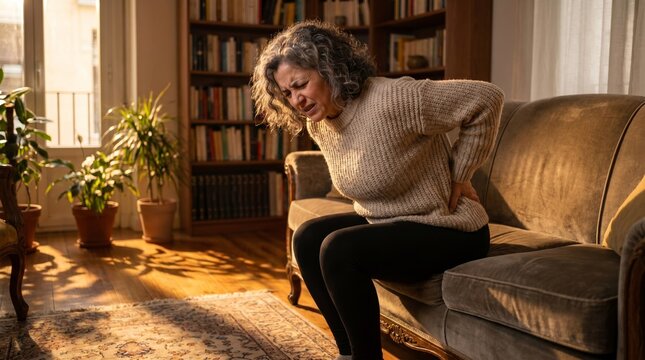 Senior woman sitting on a sofa in a sunlit living room, hunched over and grasping her lower back due to severe muscle pain.
