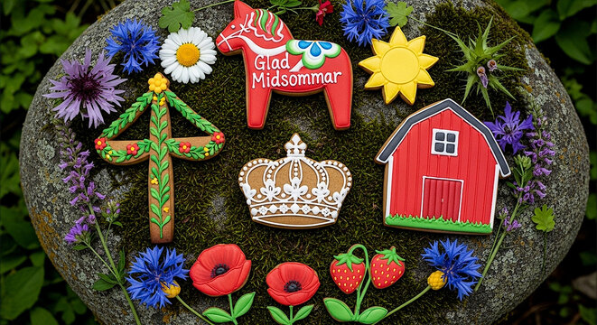Swedish Midsummer Decorated Cookies: Dala Horse, Maypole, Crown and Summer Flowers on Stone
