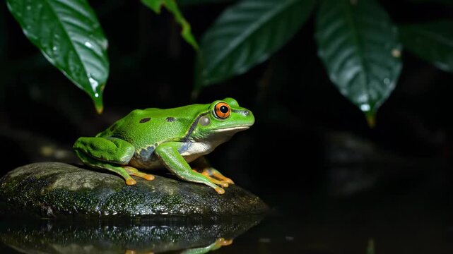 Green frog sits on smooth rock with calm water below. Rich greenery surrounds frog creating a serene atmosphere in tropical habitat. Concept of wildlife observation, nature conservation, eco-tourism