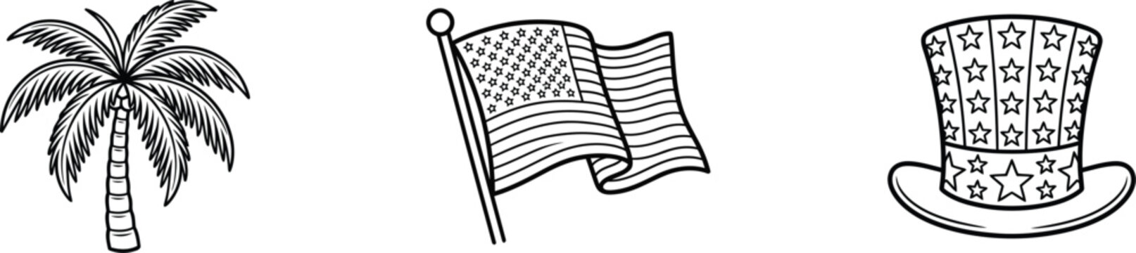 American patriotic symbols collection palm tree flag and uncle SAM hat line art