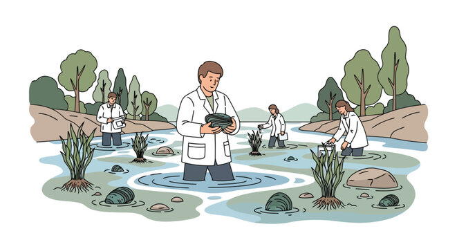 Scientists collecting water samples in shallow pond field research illustration isolated on white background
