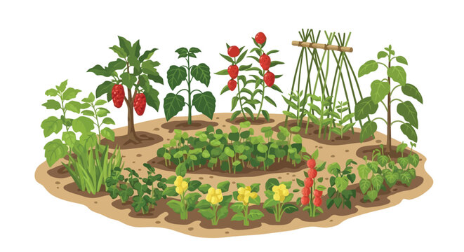 Organic vegetable garden layout illustration with diverse crops and trellis support isolated on white background