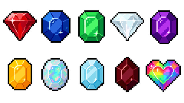 Vibrant collection of diverse pixel art gem elements, perfect for a summer-themed game development and virtual ore mining