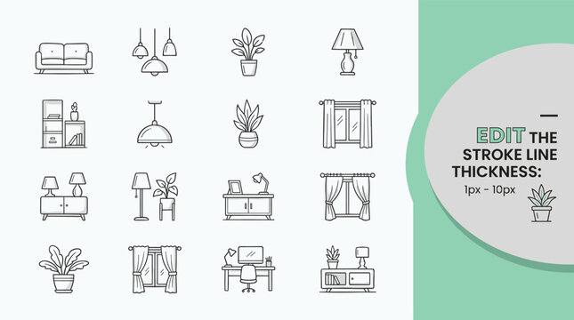 Collection of 16 clean black and white line icons depicting home office items and workspace elements in thin stroke vector illustration.