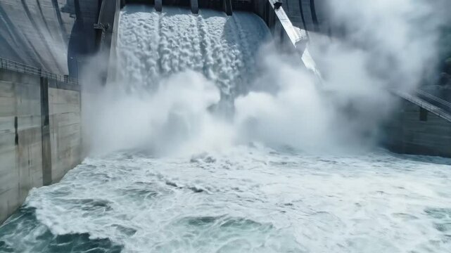Powerful concrete dam with water cascading through floodgates creating impressive mist and turbulence in a natural environment