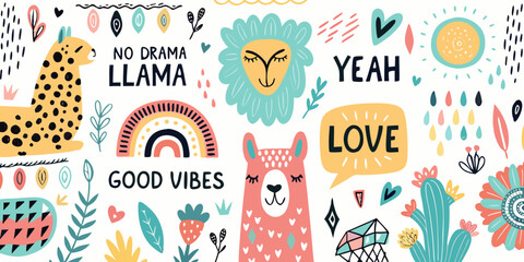 Boho Doodle Art Collection With Llamas Cacti And Geometric Shapes © Barsha