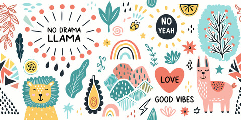 Boho Doodle Art Collection With Llamas Lions And Rainbows © Barsha