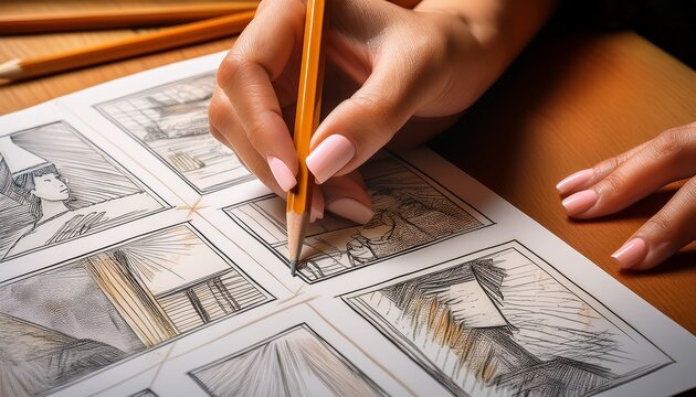 close up of artist s hand drawing a comic strip with pencils