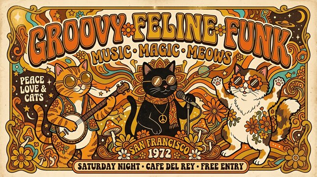 Retro seventies psychedelic feline funk music festival poster illustration.