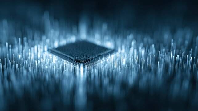AI chip boom, glowing GPU processor, exploding stock chart, futuristic finance tech