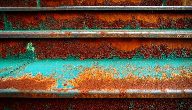 detailed macro view of rusted metal stairs with peeling turquoise paint and heavy orange oxidation on weathered corrugated steps showing gritty industrial texture