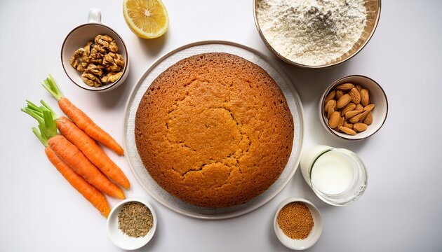 fresh homemade carrot cake topped with walnuts beside arranged baking ingredients carrots flour butter milk spices on a white background overhead flat lay