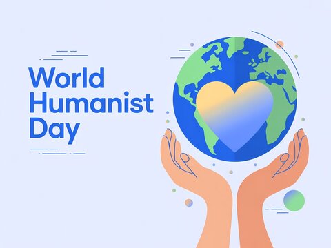 World humanist day illustration with hands holding a globe with a heart