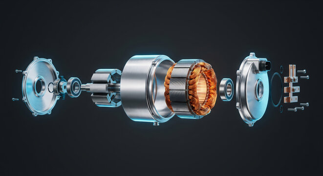 Disassembled electric vehicle motor with copper coils and rotor, 3D illustration.