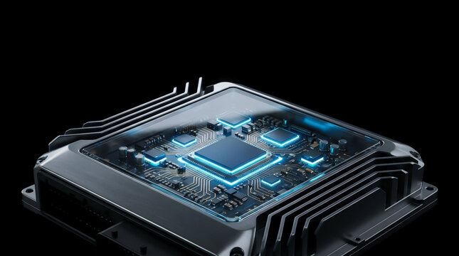 Futuristic microchip processor with glowing blue circuit board on dark background