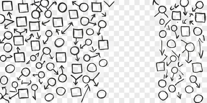 Hand drawn flowchart elements with arrows and shapes on transparent background