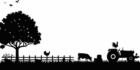 Black silhouette illustration of a countryside scene with farm animals and trees © Barsha