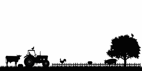 Obraz premium Farm Silhouette Illustration With Tractor Livestock And Tree