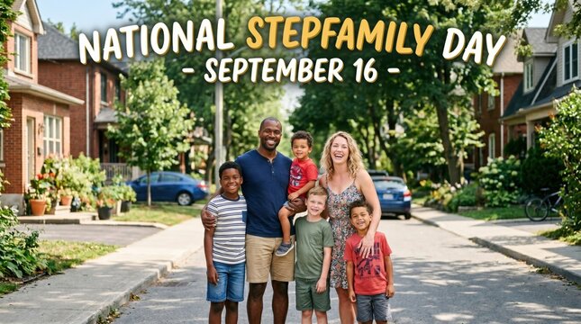 Happy blended family standing together on suburban street