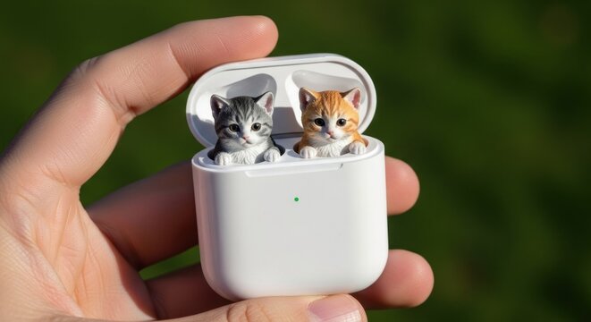 Tiny kittens inside wireless earphone case held by a hand isolated focus shot