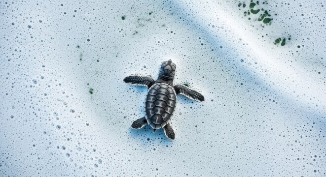 Tiny sea turtle swimming in foamy water with outstretched flippers overhead view