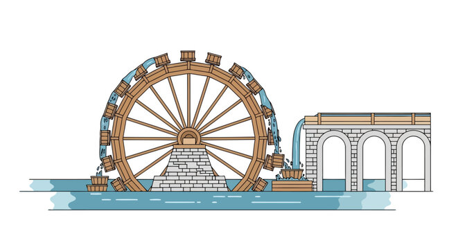 Water wheel and aqueduct historical engineering illustration with blue water and stone isolated on white background