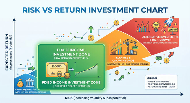  Risk versus return investment chart comparing fixed income and equities, highlighting conservative income zone and growth investment zone.