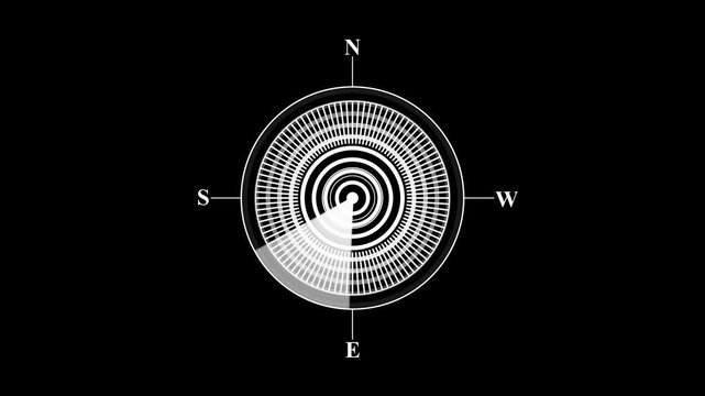 Abstract rotating white compass radar scan interface a minimalist circular with a scanning beam against a black background navigation circular technology minimalist direction