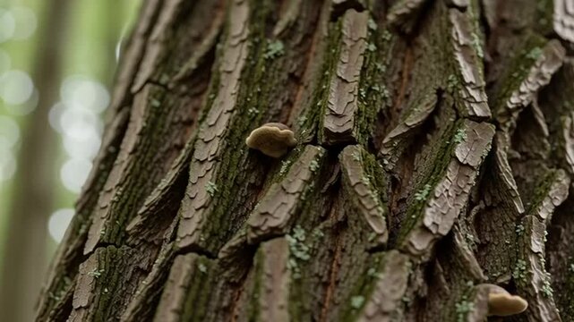 Close-up of tree bark with moss and lichen in forest