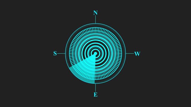 Abstract rotating blue compass radar interface overlay a glowing circular scan animation on a dark charcoal background navigation scan circular technology minimalist
