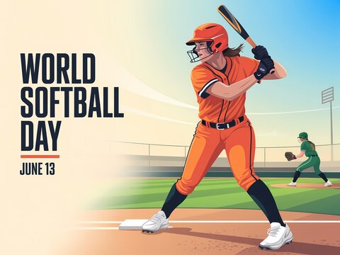 World softball day illustration featuring a female batter in an orange uniform on a baseball field