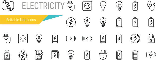 Vector illustration of electricity, energy efficiency, and power-saving icons with a light bulb and related symbols in outline style. © Safa