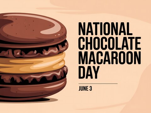 National chocolate macaron day illustration with a delicious chocolate macaron cookie on a soft beige background