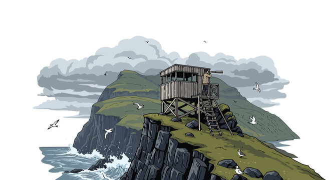 Coastal lighthouse keeper watchtower illustration on rocky cliff with seagulls and ocean isolated on white background