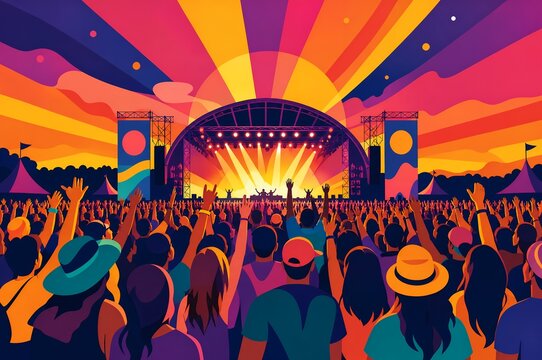 Vibrant crowd enjoying a musical performance at sunset.