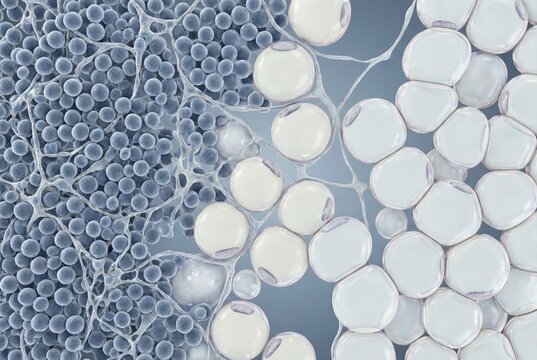 Cross-section through the tissue of the thymus (thymus involution) : Healthy lymphoid tissue is increasingly replaced by non-functional fat cells (adipocytes), which reduces the production of new T cells in old age. Immunology, gerontology, longevity research, AI generated