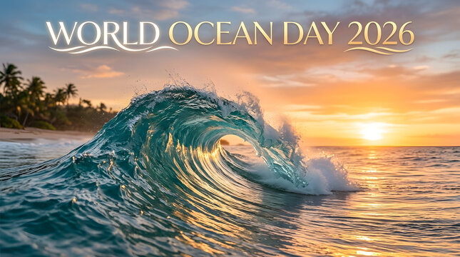 World ocean day 2026 announcement featuring a dramatic breaking wave at sunset breaking landscape